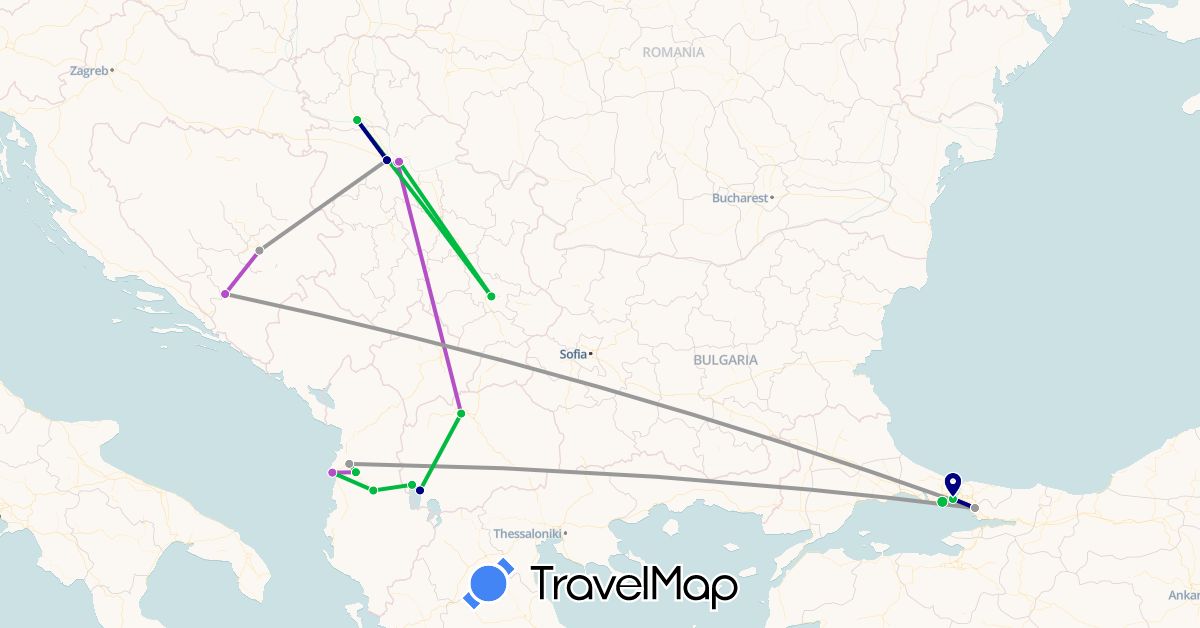 TravelMap itinerary: driving, bus, plane, train in Albania, Bosnia and Herzegovina, Macedonia, Serbia, Turkey (Asia, Europe)
